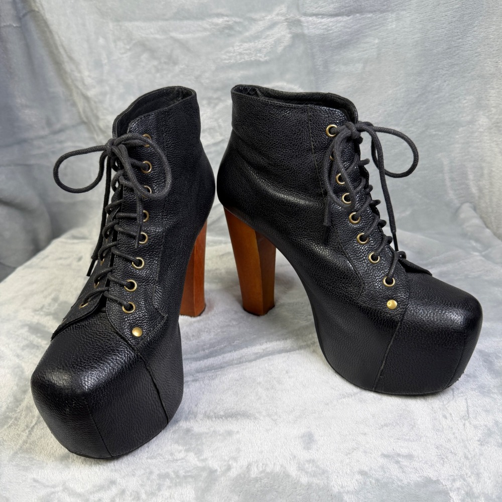 Jeffrey Campbell Lita Platform Boots Womens Size 9 Black Leather Wood Heel
